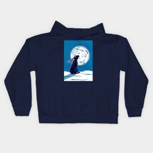 Moon Gazing Hare in Winter Linocut in Blues Kids Hoodie